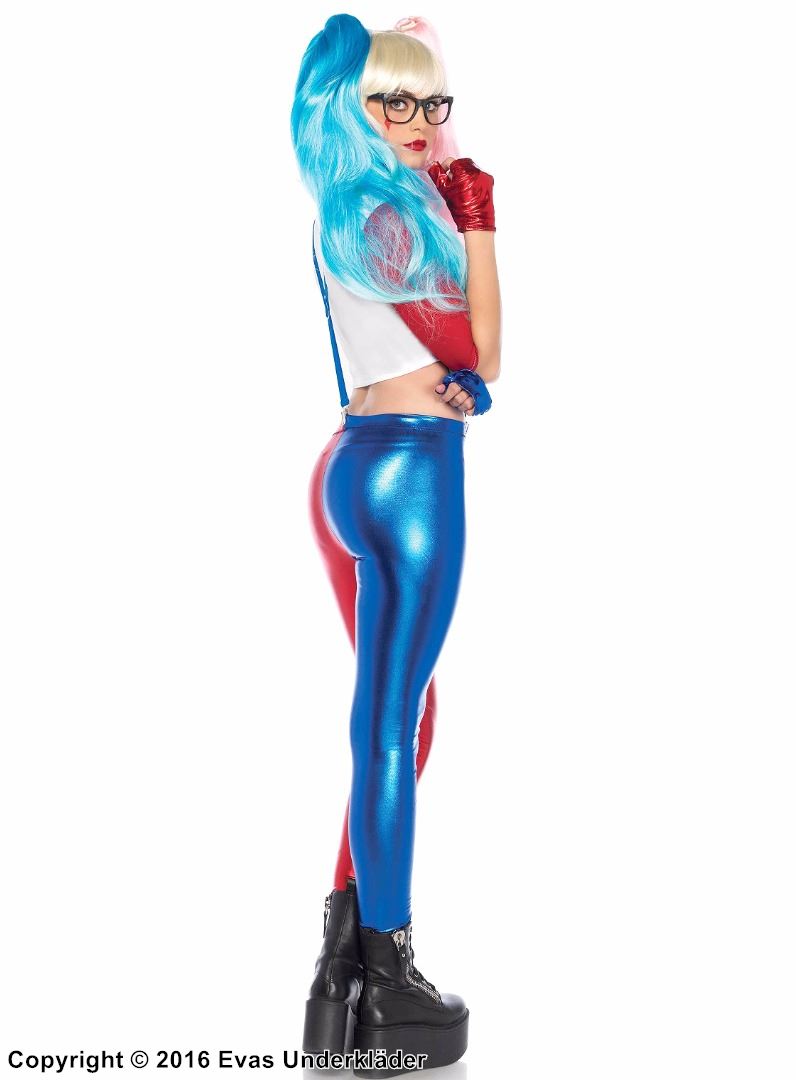 Harley Quinn, kostyme-topp og -leggings, seler, rødt og blått